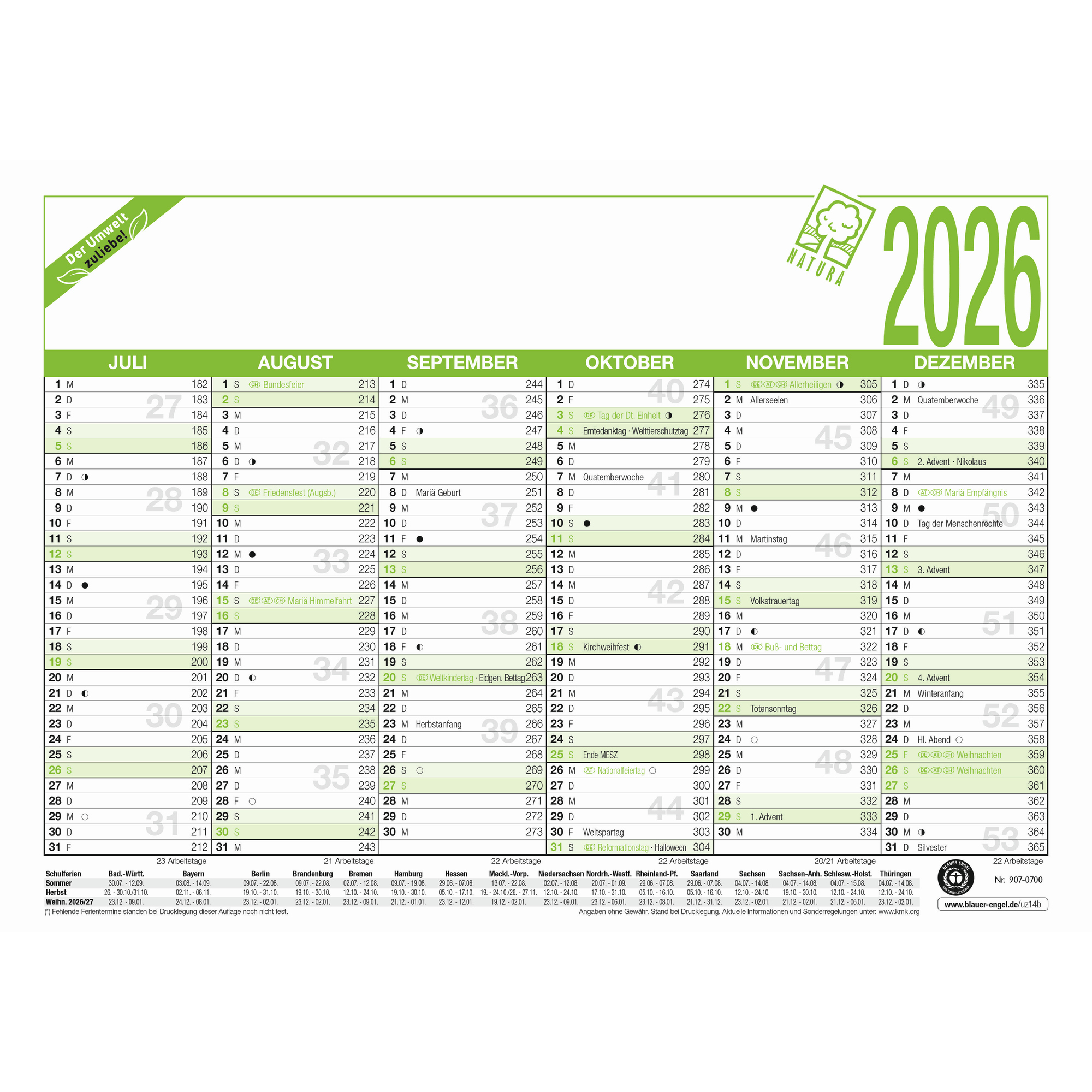 Tafelkalender Zettler 907-0700 A4 UWS 6m/1s, Blauer Engel, Recyclingkarton