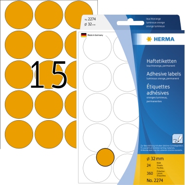 Etikett HERMA 2274 Ø-32mm leuchtorange Markierungspunkte 360 St.