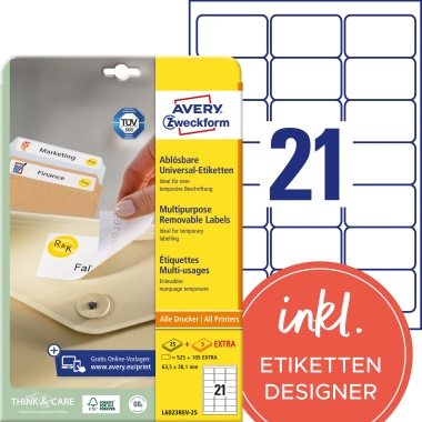 Etikett Avery Zweckform L6023REV-25 63,5x38,1mm weiß ablösbar 630 St.
