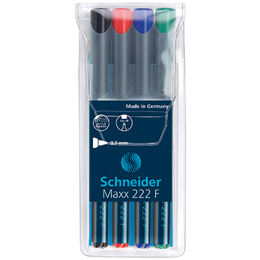 OHP-Marker Schneider MAXX 222 F 4er Etui wasserfest, schwarz, rot, blau, grün