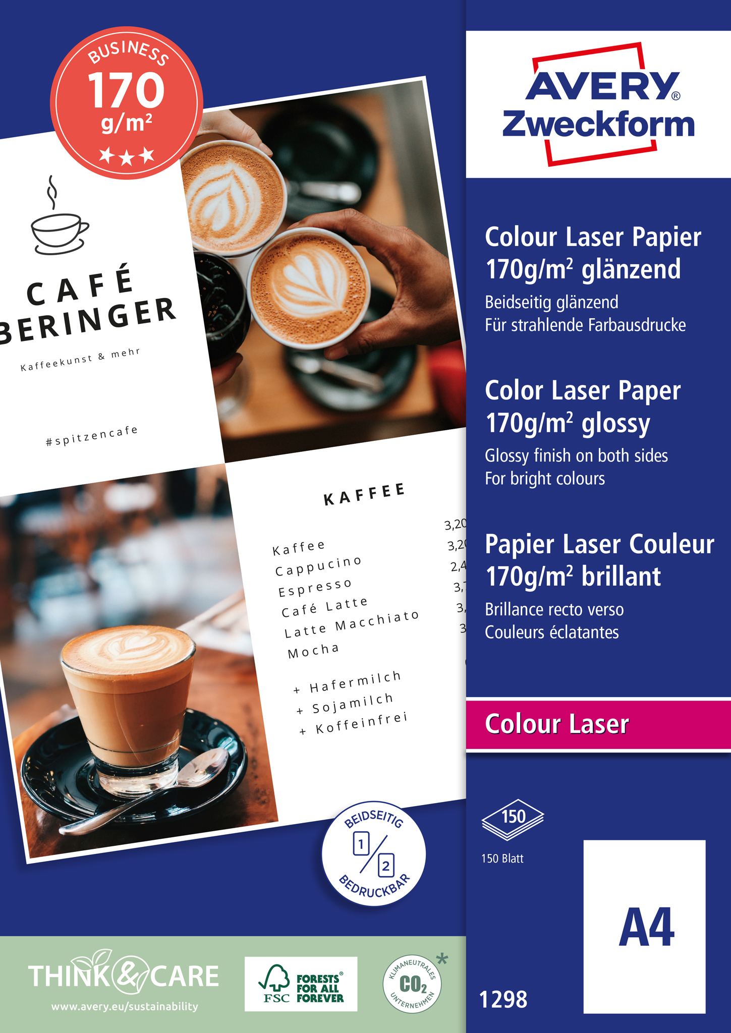 Farblaserpapier Avery Zweckform 1298 A4 170g 150 Blatt
